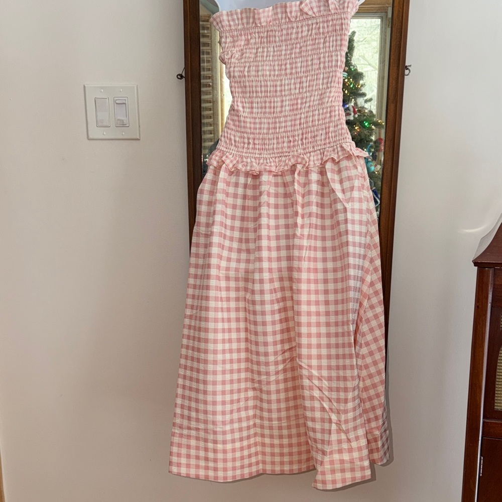 Anthropologie For Love And Lemons Peach Gingham Petal Smocked Midi Dress NWT M - Picture 8 of 10